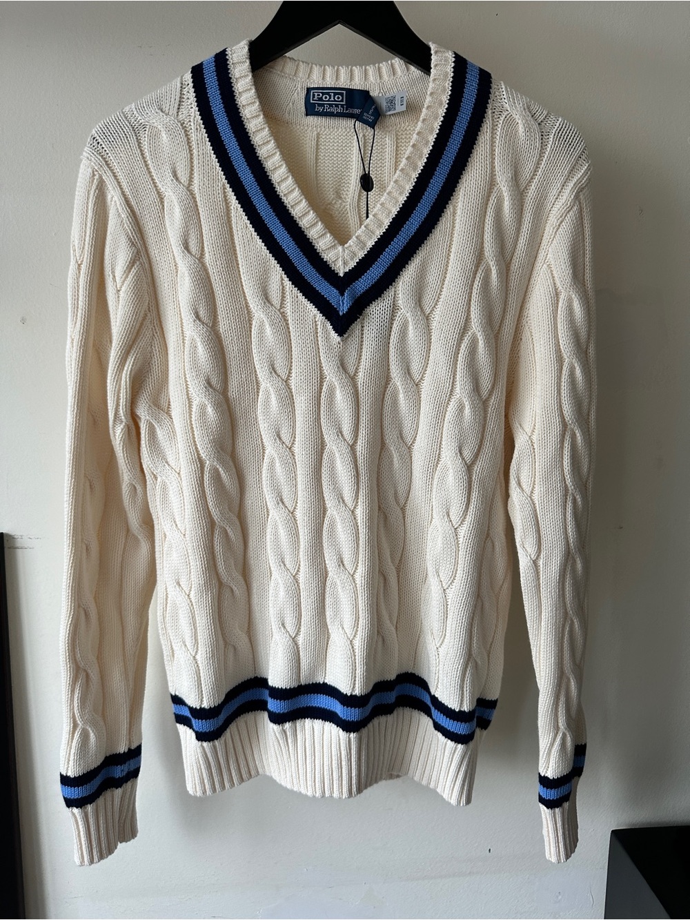 Polo by Ralph Lauren Cream Cable-Knit V-Neck Sweater with Blue Trim